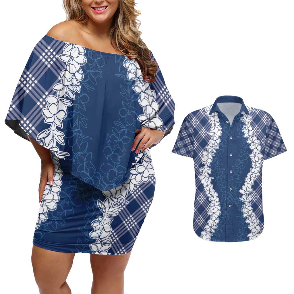 Hawaii Aloha Plumeria Lei Navy Palaka Couples Matching Off Shoulder Short Dress and Hawaiian Shirt - Polynesian Pride