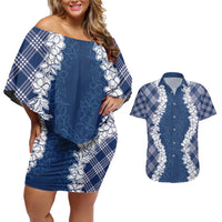 Hawaii Aloha Plumeria Lei Navy Palaka Couples Matching Off Shoulder Short Dress and Hawaiian Shirt - Polynesian Pride