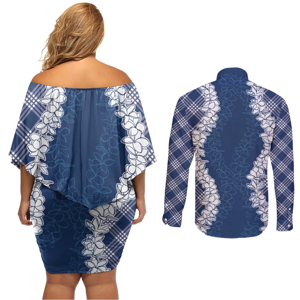 Hawaii Aloha Plumeria Lei Navy Palaka Couples Matching Off Shoulder Short Dress and Long Sleeve Button Shirt - Polynesian Pride