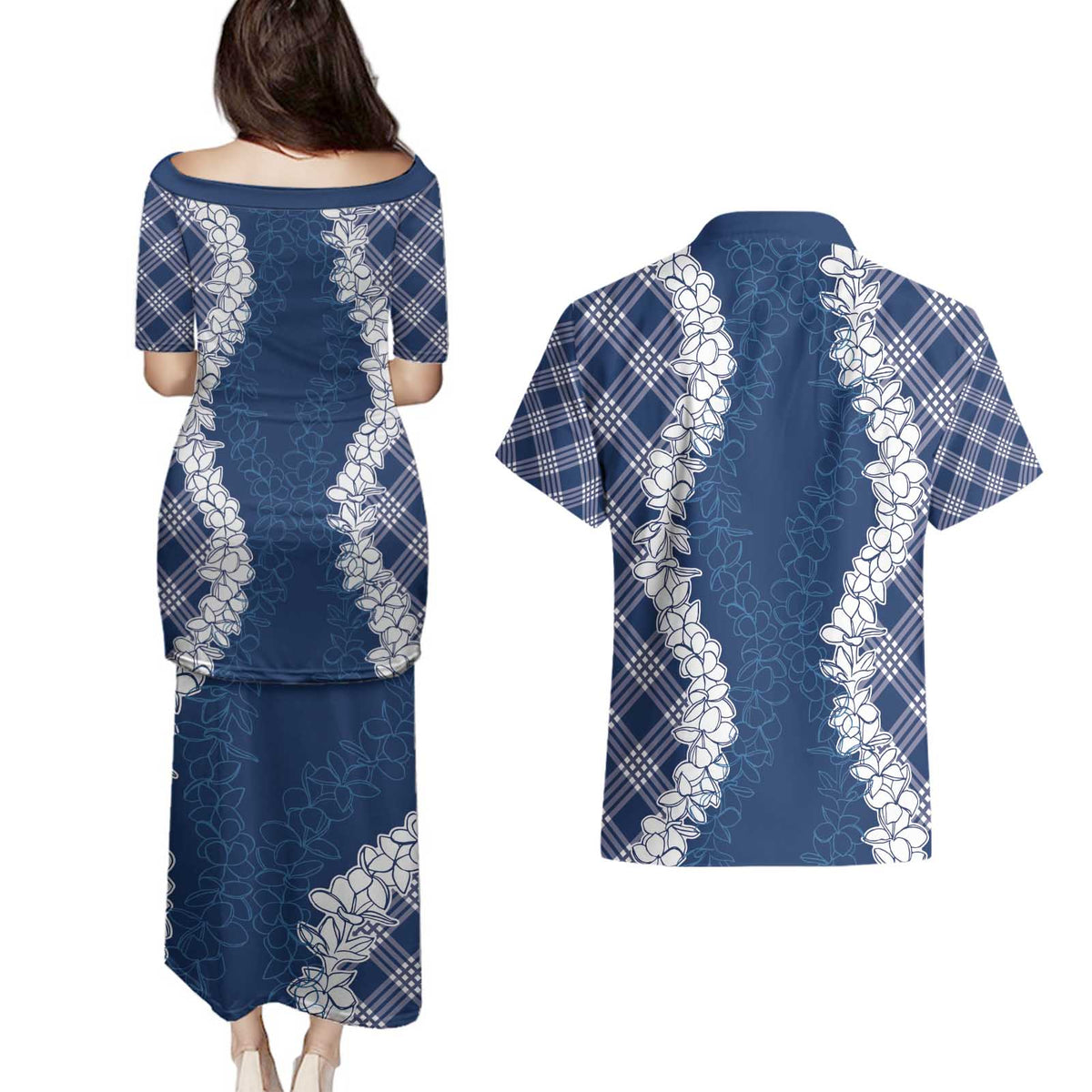 Hawaii Aloha Plumeria Lei Navy Palaka Couples Matching Puletasi and Hawaiian Shirt - Polynesian Pride
