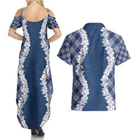 Hawaii Aloha Plumeria Lei Navy Palaka Couples Matching Summer Maxi Dress and Hawaiian Shirt - Polynesian Pride