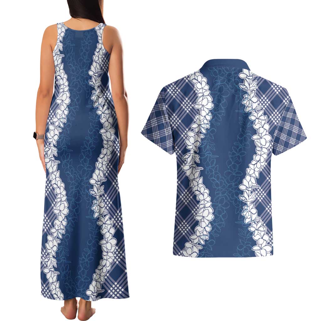 Hawaii Aloha Plumeria Lei Navy Palaka Couples Matching Tank Maxi Dress and Hawaiian Shirt - Polynesian Pride
