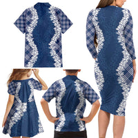 Hawaii Aloha Plumeria Lei Navy Palaka Family Matching Long Sleeve Bodycon Dress and Hawaiian Shirt - Polynesian Pride