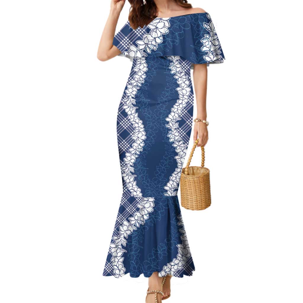 Hawaii Aloha Plumeria Lei Navy Palaka Family Matching Mermaid Dress and Hawaiian Shirt - Polynesian Pride