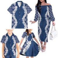 Hawaii Aloha Plumeria Lei Navy Palaka Family Matching Off The Shoulder Long Sleeve Dress and Hawaiian Shirt - Polynesian Pride
