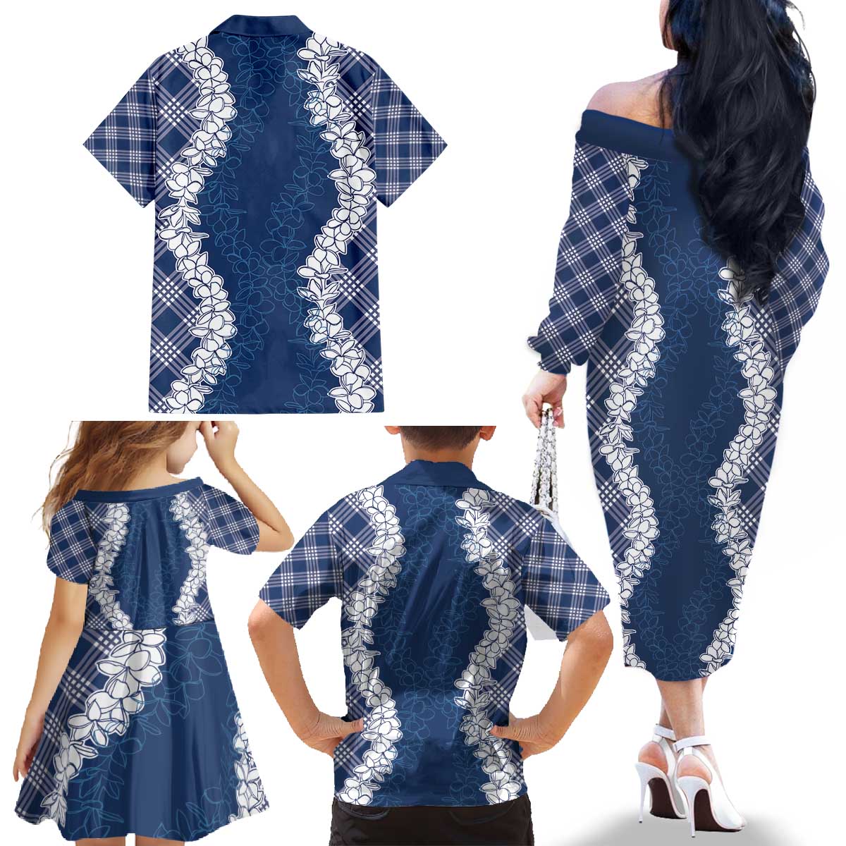 Hawaii Aloha Plumeria Lei Navy Palaka Family Matching Off The Shoulder Long Sleeve Dress and Hawaiian Shirt - Polynesian Pride