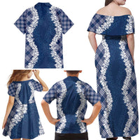 Hawaii Aloha Plumeria Lei Navy Palaka Family Matching Off Shoulder Maxi Dress and Hawaiian Shirt - Polynesian Pride