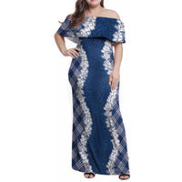 Hawaii Aloha Plumeria Lei Navy Palaka Family Matching Off Shoulder Maxi Dress and Hawaiian Shirt - Polynesian Pride