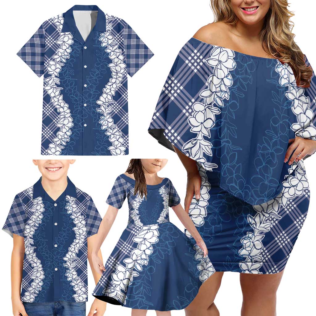 Hawaii Aloha Plumeria Lei Navy Palaka Family Matching Off Shoulder Short Dress and Hawaiian Shirt - Polynesian Pride