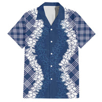 Hawaii Aloha Plumeria Lei Navy Palaka Family Matching Off Shoulder Short Dress and Hawaiian Shirt - Polynesian Pride