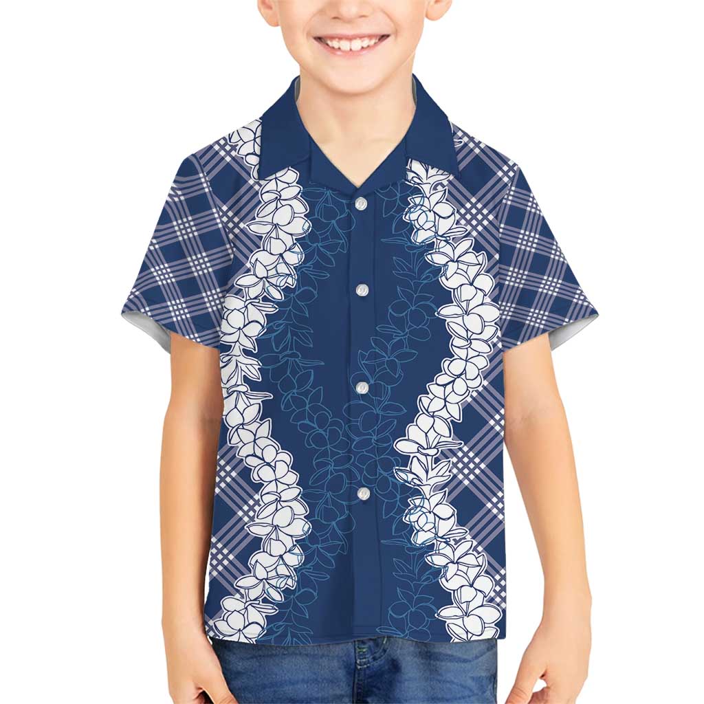 Hawaii Aloha Plumeria Lei Navy Palaka Family Matching Puletasi and Hawaiian Shirt - Polynesian Pride