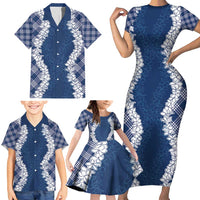 Hawaii Aloha Plumeria Lei Navy Palaka Family Matching Short Sleeve Bodycon Dress and Hawaiian Shirt - Polynesian Pride
