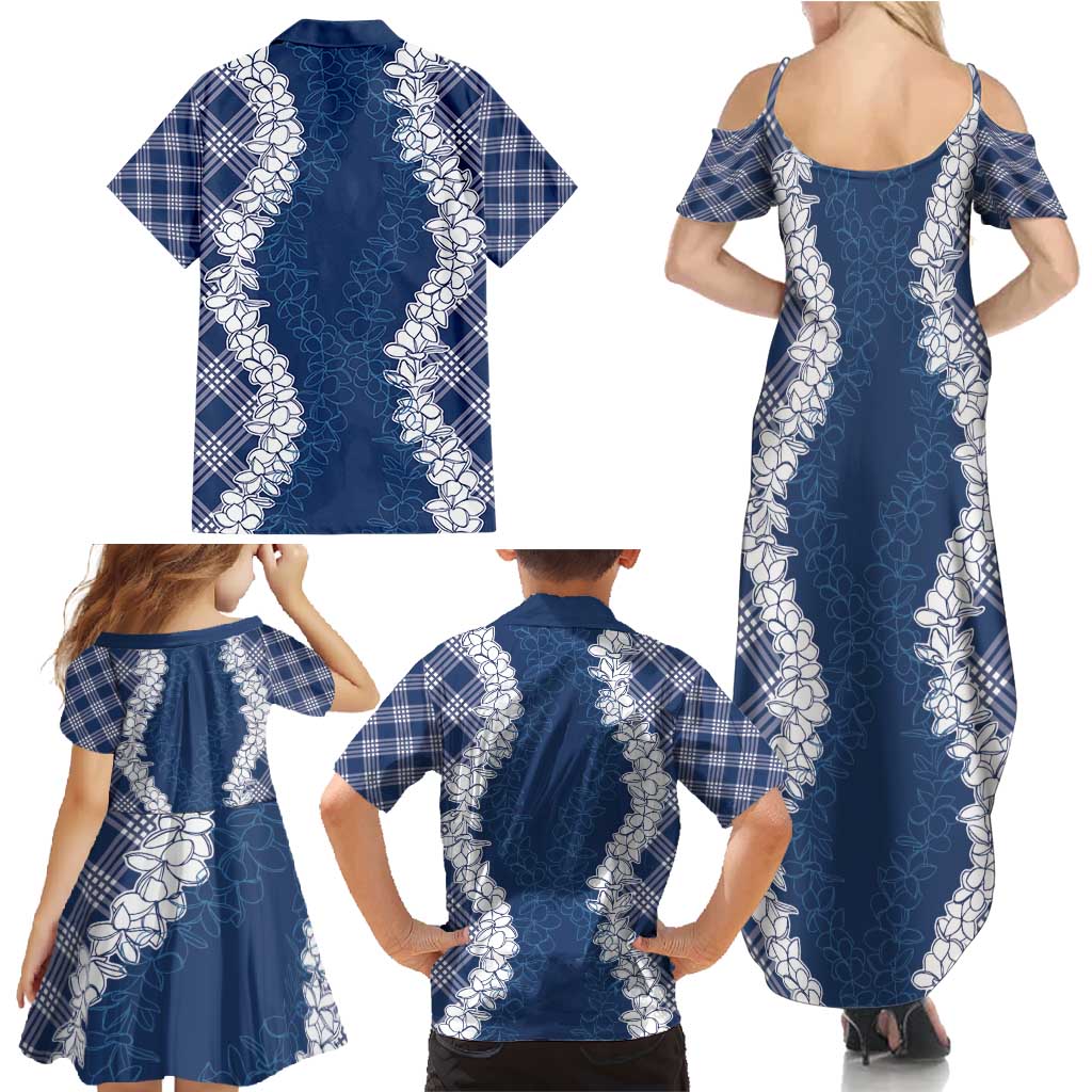 Hawaii Aloha Plumeria Lei Navy Palaka Family Matching Summer Maxi Dress and Hawaiian Shirt - Polynesian Pride
