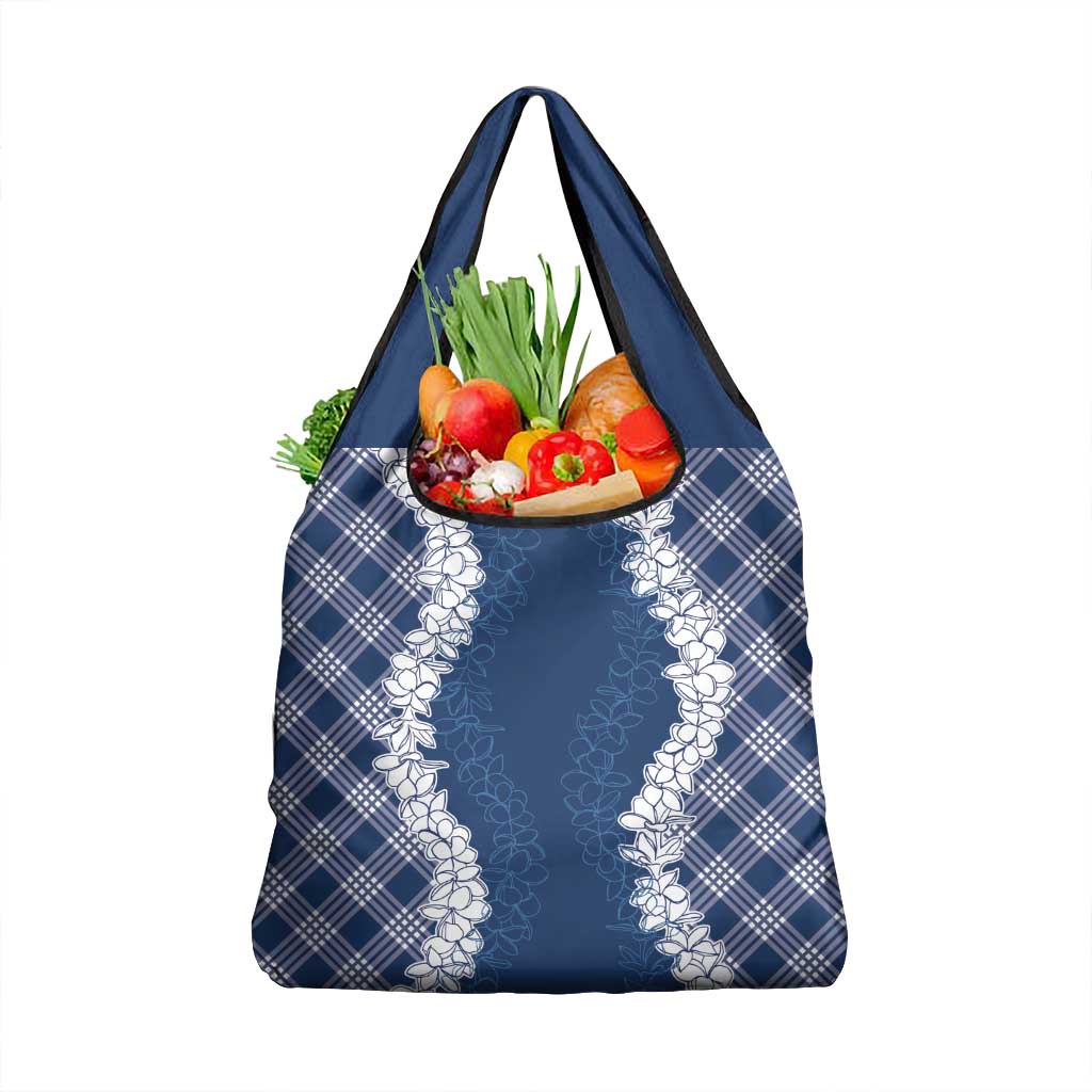 Hawaii Aloha Plumeria Lei Navy Palaka Grocery Bag - Polynesian Pride