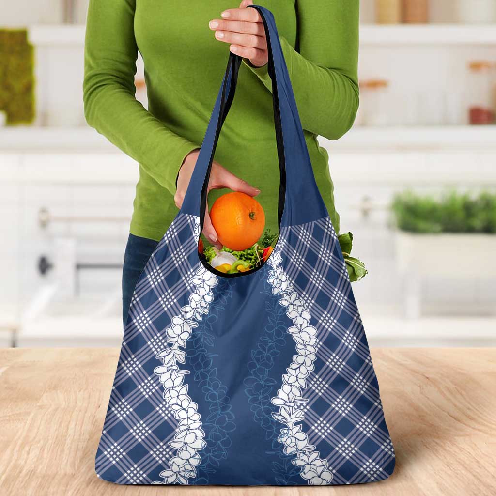 Hawaii Aloha Plumeria Lei Navy Palaka Grocery Bag - Polynesian Pride