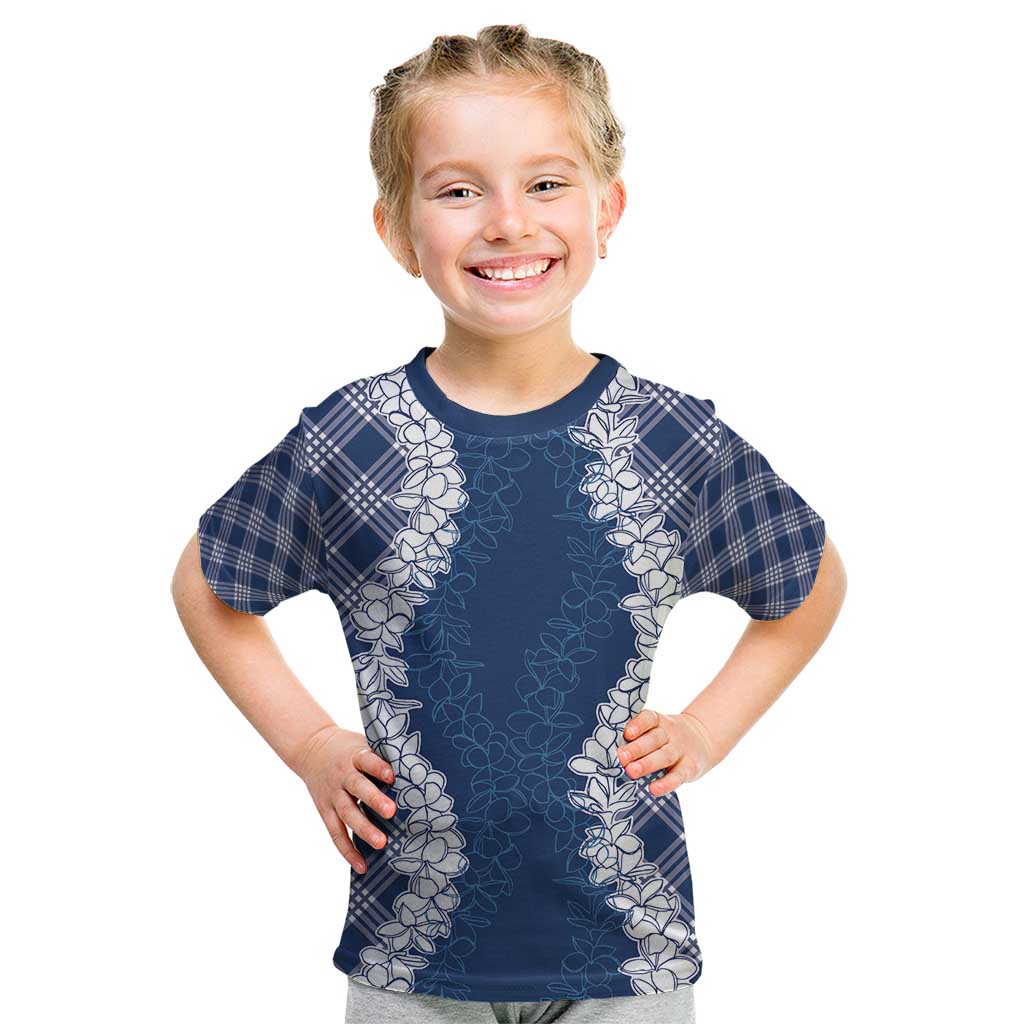 Hawaii Aloha Plumeria Lei Navy Palaka Kid T Shirt - Polynesian Pride