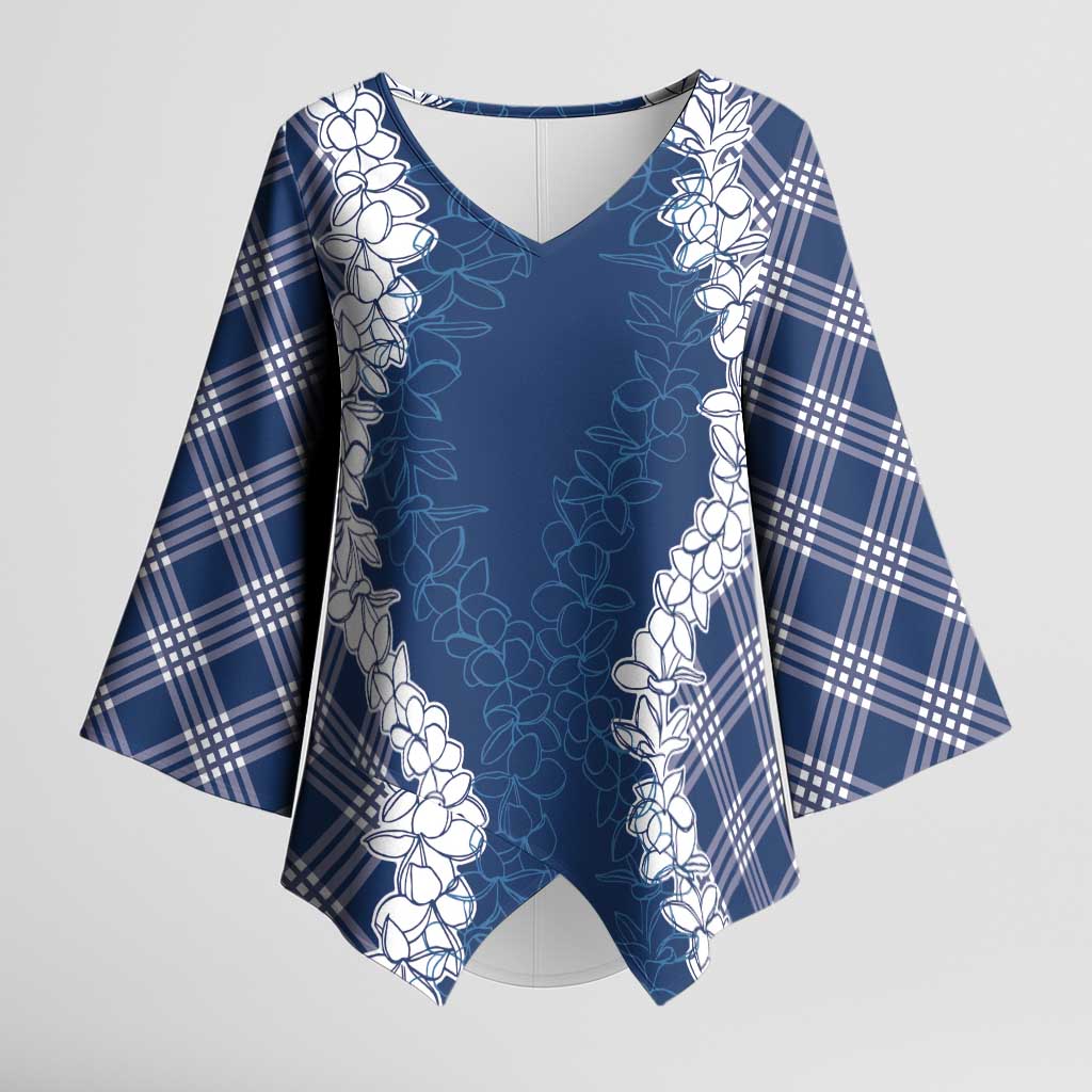 Hawaii Aloha Plumeria Lei Navy Palaka Kimono Sleeve Blouse - Polynesian Pride
