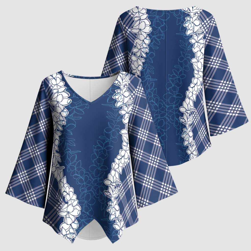 Hawaii Aloha Plumeria Lei Navy Palaka Kimono Sleeve Blouse - Polynesian Pride