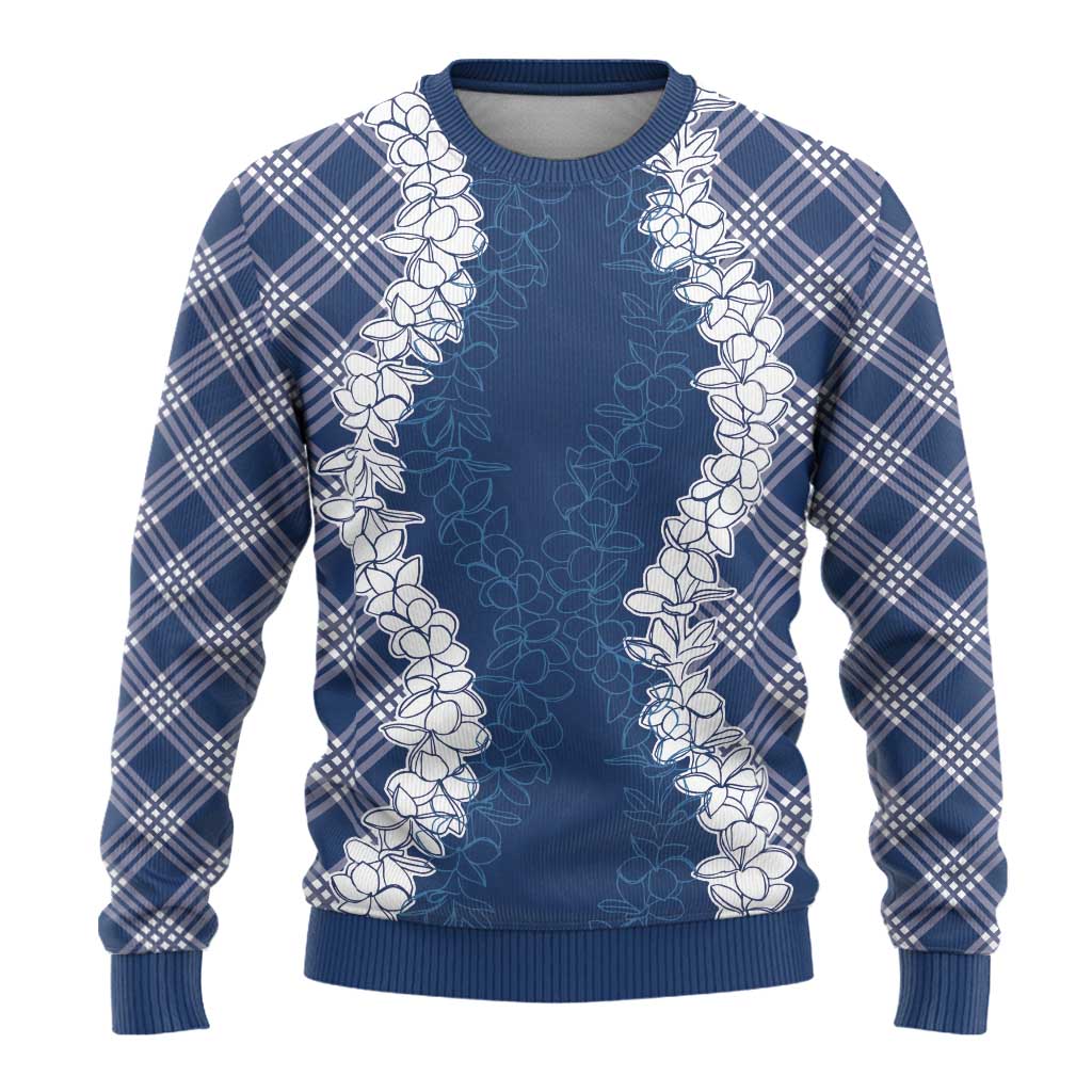Hawaii Aloha Plumeria Lei Navy Palaka Ugly Christmas Sweater - Polynesian Pride