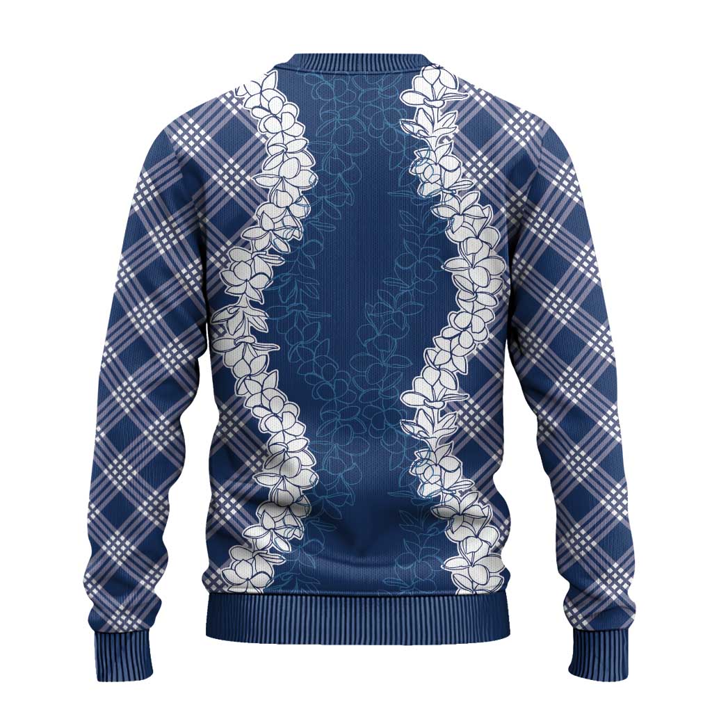 Hawaii Aloha Plumeria Lei Navy Palaka Ugly Christmas Sweater - Polynesian Pride