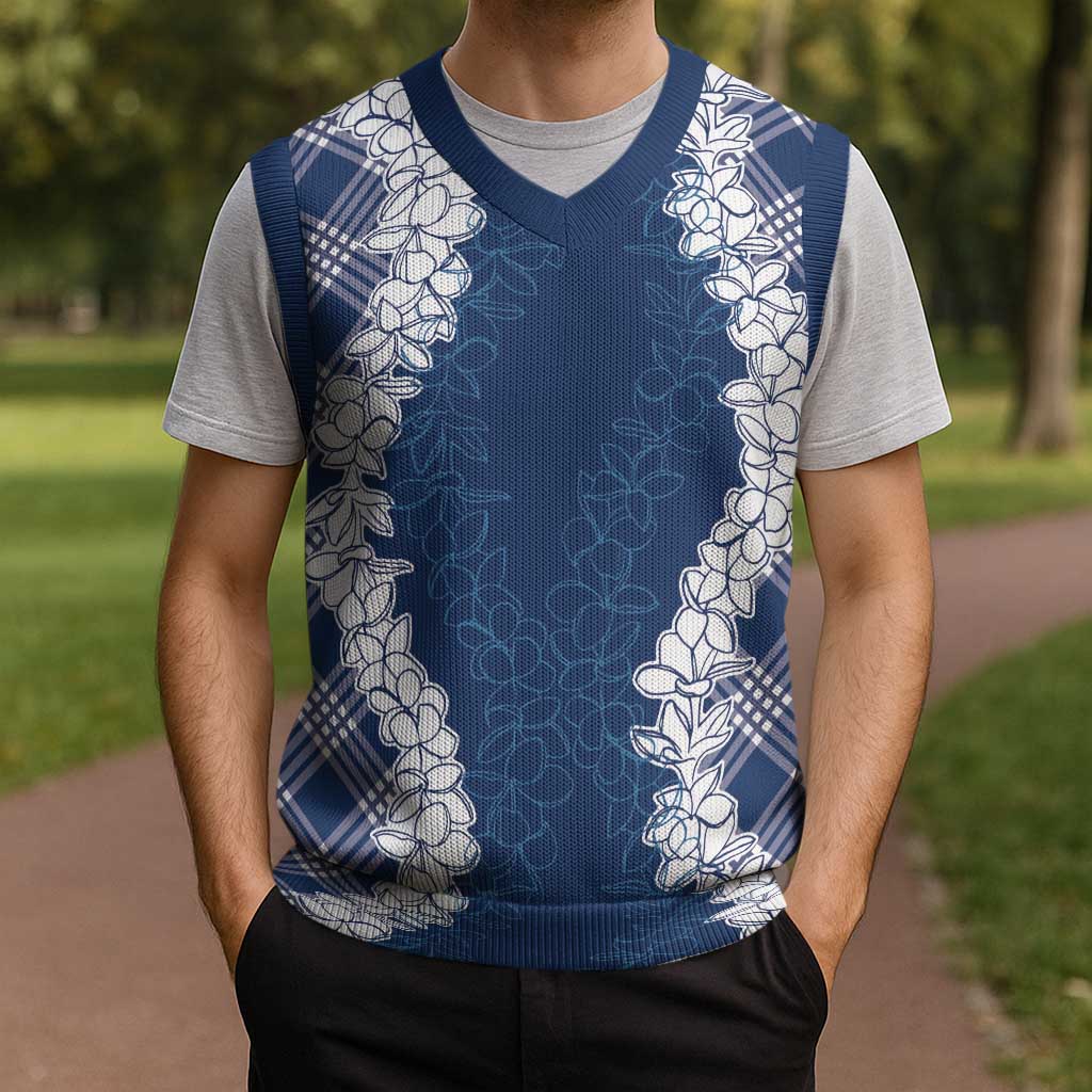 Hawaii Aloha Plumeria Lei Navy Palaka Christmas Knitted V-Neck Vest - Polynesian Pride
