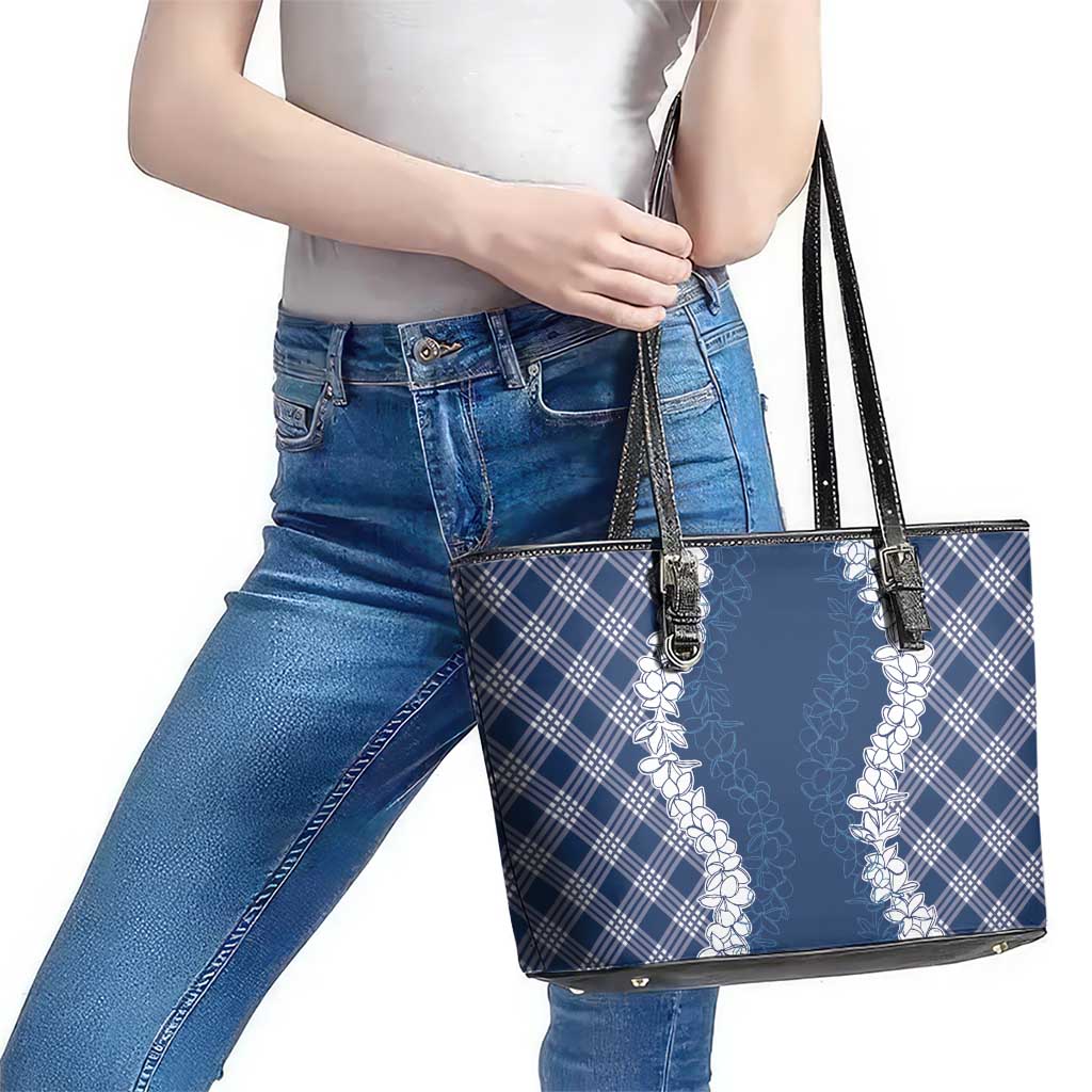 Hawaii Aloha Plumeria Lei Navy Palaka Leather Tote Bag - Polynesian Pride