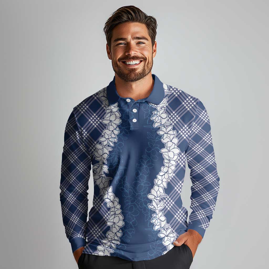 Hawaii Aloha Plumeria Lei Navy Palaka Long Sleeve Polo Shirt - Polynesian Pride