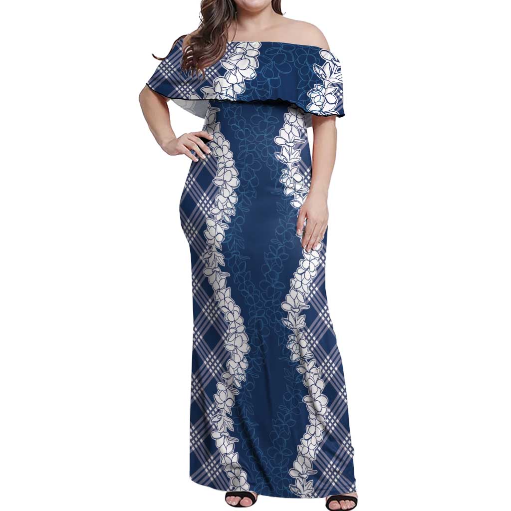 Hawaii Aloha Plumeria Lei Navy Palaka Off Shoulder Maxi Dress - Polynesian Pride