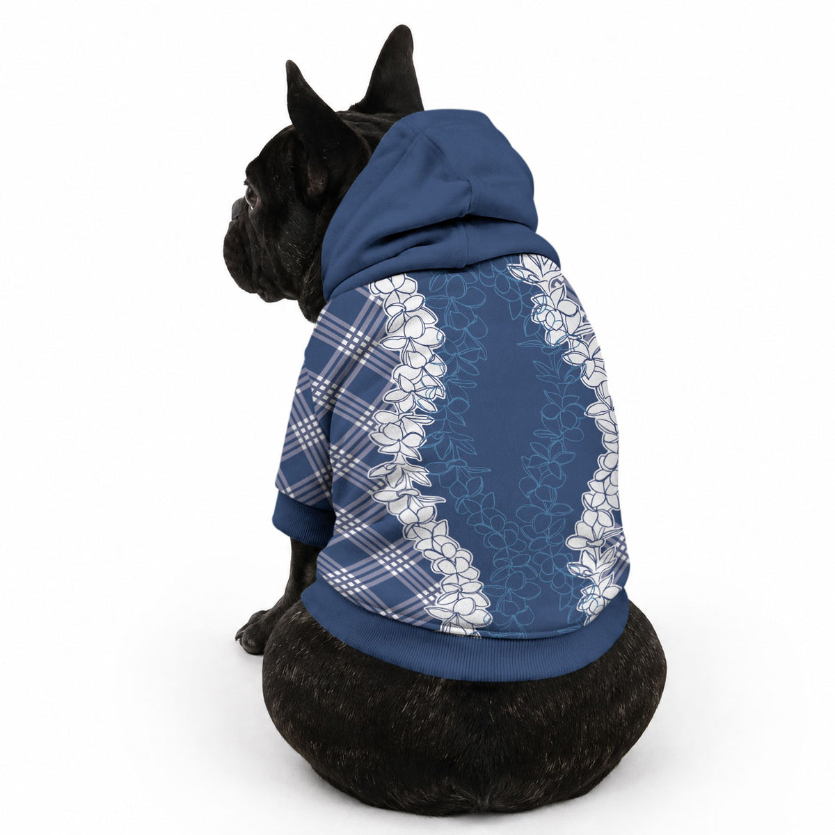 Hawaii Aloha Plumeria Lei Navy Palaka Pet Hoodie