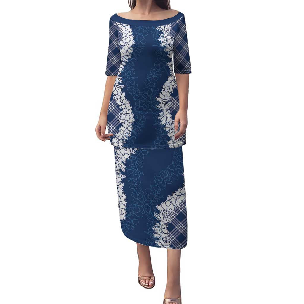 Hawaii Aloha Plumeria Lei Navy Palaka Puletasi LT7 Long Dress Navy Blue - Polynesian Pride