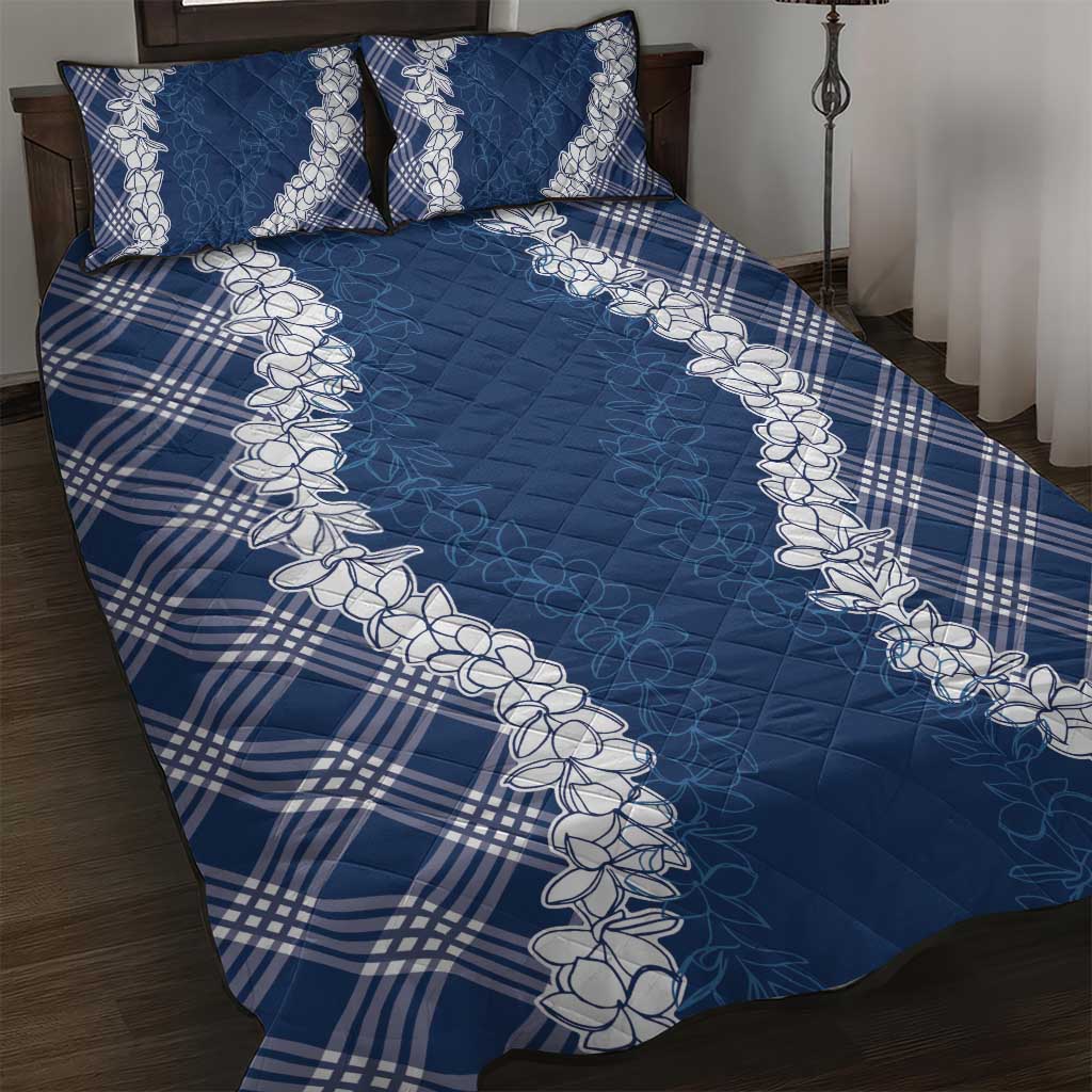 Hawaii Aloha Plumeria Lei Navy Palaka Quilt Bed Set - Polynesian Pride
