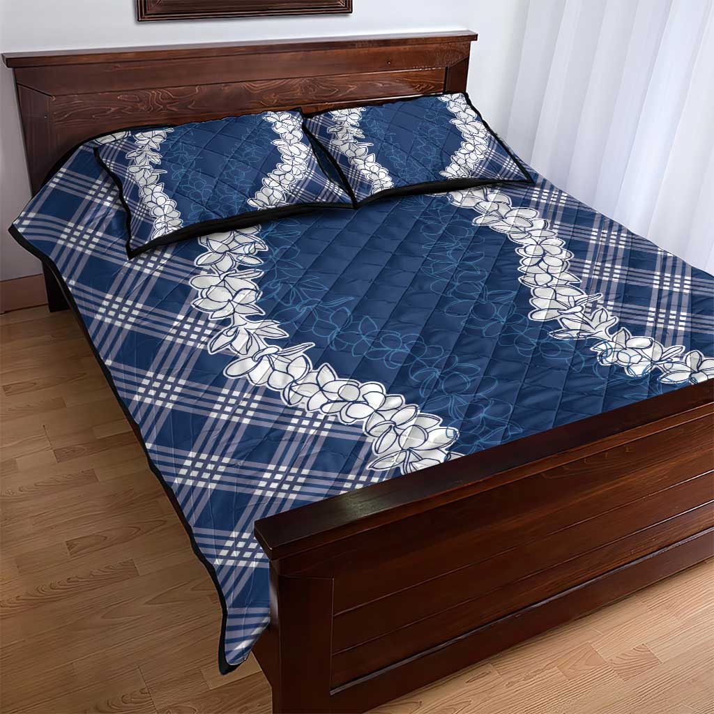 Hawaii Aloha Plumeria Lei Navy Palaka Quilt Bed Set - Polynesian Pride