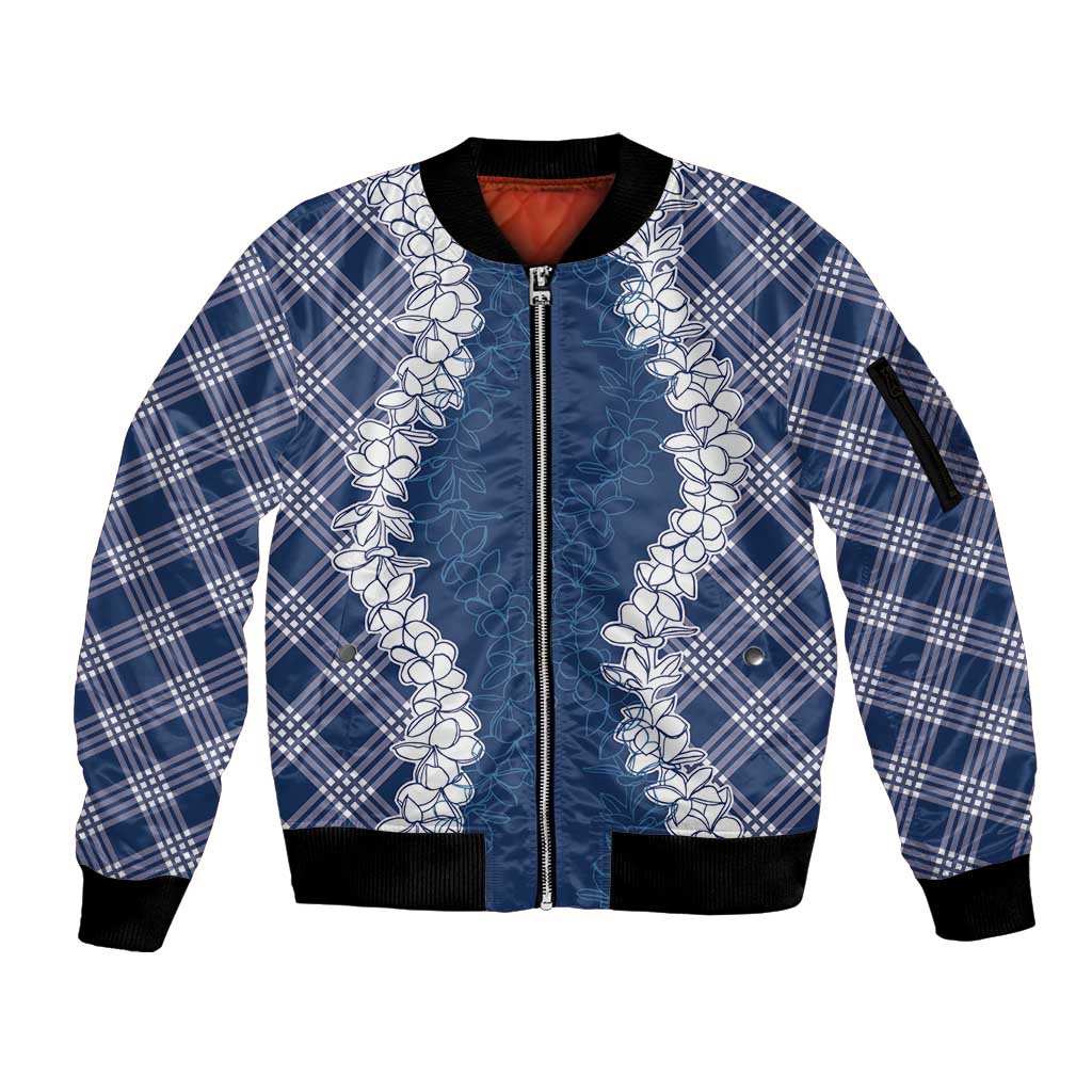 Hawaii Aloha Plumeria Lei Navy Palaka Sleeve Zip Bomber Jacket LT7 Unisex Navy Blue - Polynesian Pride