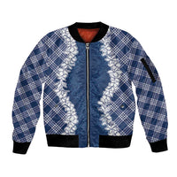 Hawaii Aloha Plumeria Lei Navy Palaka Sleeve Zip Bomber Jacket LT7 Unisex Navy Blue - Polynesian Pride