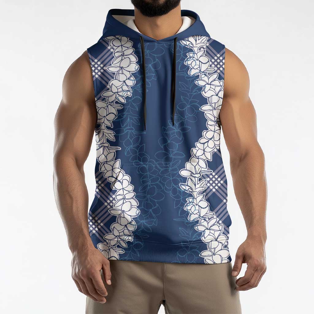 Hawaii Aloha Plumeria Lei Navy Palaka Sleeveless Hoodie - Polynesian Pride