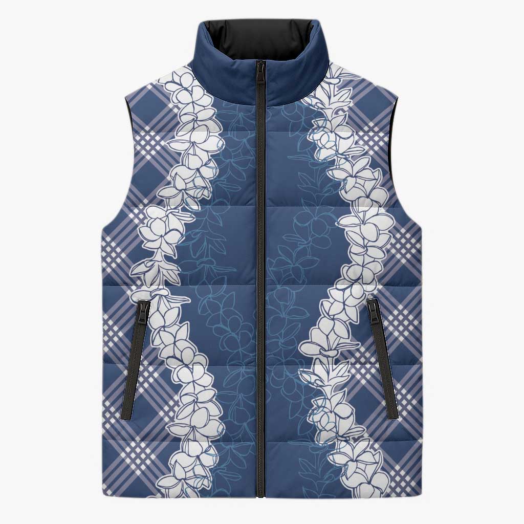 Hawaii Aloha Plumeria Lei Navy Palaka Sleeveless Puffer Jacket - Polynesian Pride