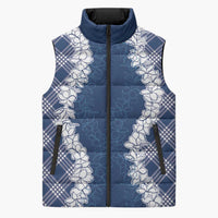 Hawaii Aloha Plumeria Lei Navy Palaka Sleeveless Puffer Jacket - Polynesian Pride
