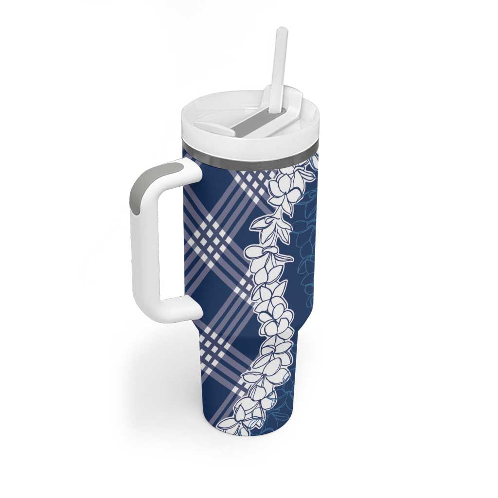 Hawaii Aloha Plumeria Lei Navy Palaka Tumbler With Handle - Polynesian Pride