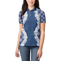 Hawaii Aloha Plumeria Lei Navy Palaka Women Polo Shirt - Polynesian Pride
