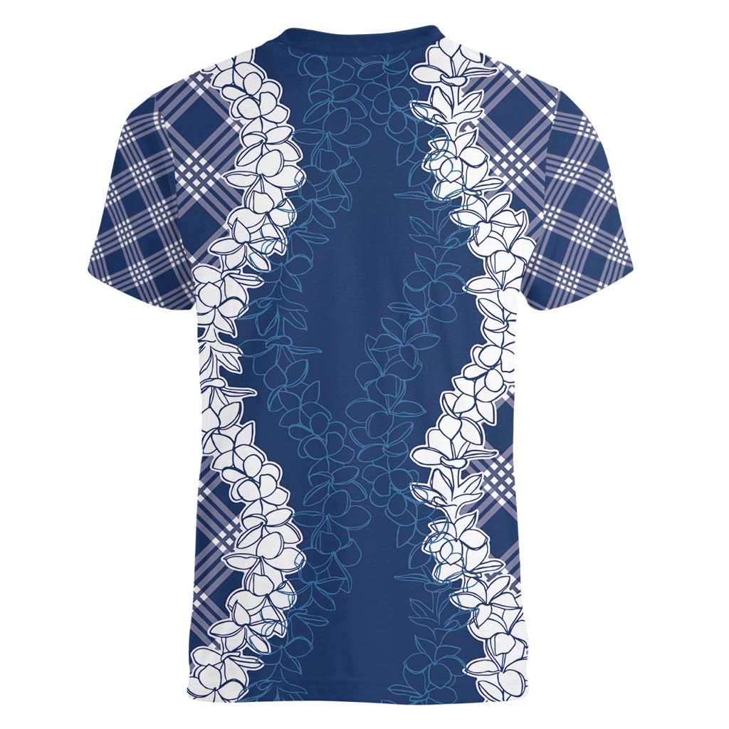 Hawaii Aloha Plumeria Lei Navy Palaka Women V-Neck T-Shirt - Polynesian Pride