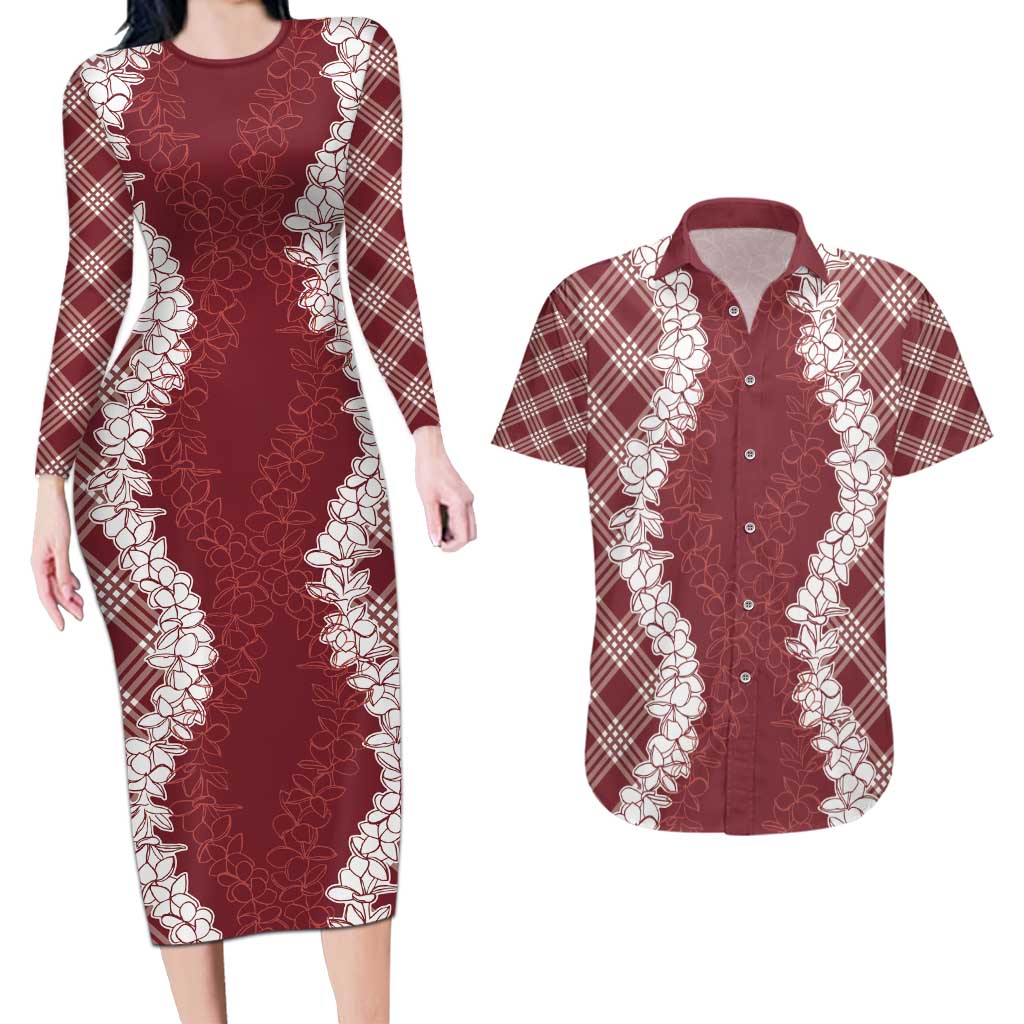 Hawaii Aloha Plumeria Lei Scarlet Palaka Couples Matching Long Sleeve Bodycon Dress and Hawaiian Shirt - Polynesian Pride