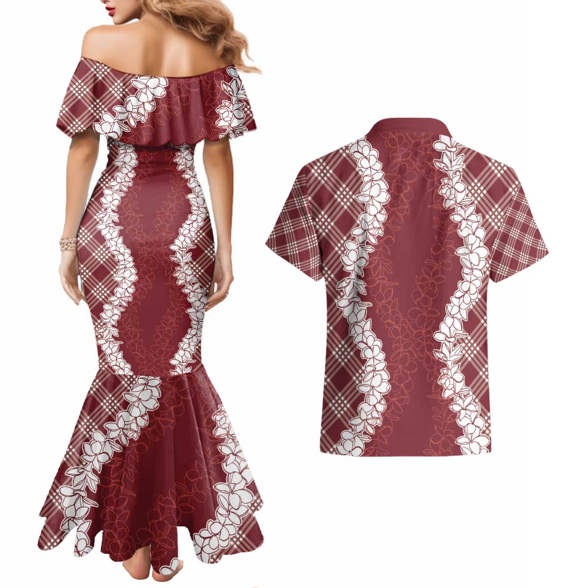 Hawaii Aloha Plumeria Lei Scarlet Palaka Couples Matching Mermaid Dress and Hawaiian Shirt - Polynesian Pride
