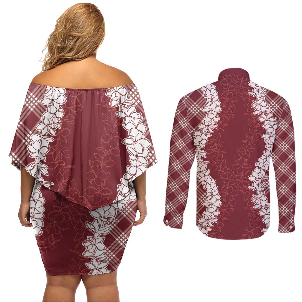 Hawaii Aloha Plumeria Lei Scarlet Palaka Couples Matching Off Shoulder Short Dress and Long Sleeve Button Shirt - Polynesian Pride