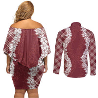 Hawaii Aloha Plumeria Lei Scarlet Palaka Couples Matching Off Shoulder Short Dress and Long Sleeve Button Shirt - Polynesian Pride