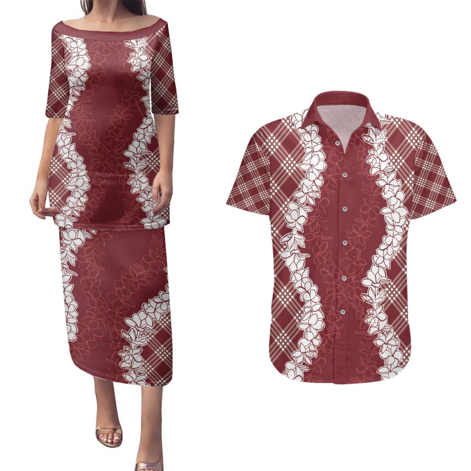 Hawaii Aloha Plumeria Lei Scarlet Palaka Couples Matching Puletasi and Hawaiian Shirt - Polynesian Pride