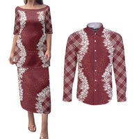 Hawaii Aloha Plumeria Lei Scarlet Palaka Couples Matching Puletasi and Long Sleeve Button Shirt - Polynesian Pride