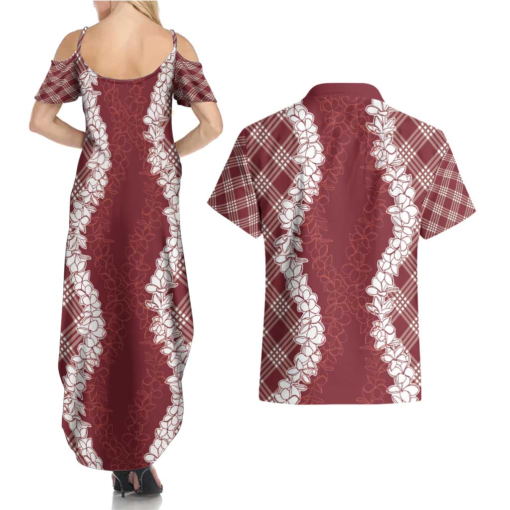 Hawaii Aloha Plumeria Lei Scarlet Palaka Couples Matching Summer Maxi Dress and Hawaiian Shirt - Polynesian Pride