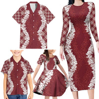 Hawaii Aloha Plumeria Lei Scarlet Palaka Family Matching Long Sleeve Bodycon Dress and Hawaiian Shirt - Polynesian Pride