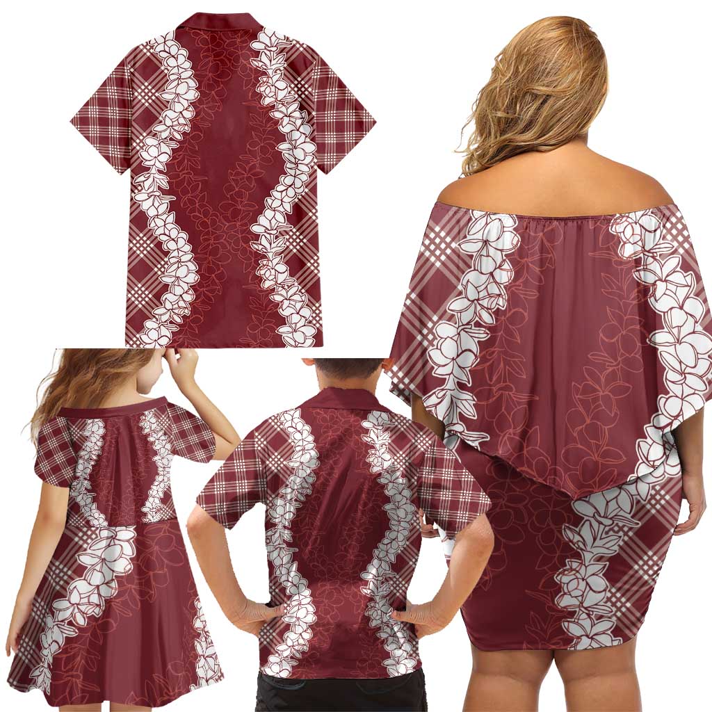 Hawaii Aloha Plumeria Lei Scarlet Palaka Family Matching Off Shoulder Short Dress and Hawaiian Shirt - Polynesian Pride