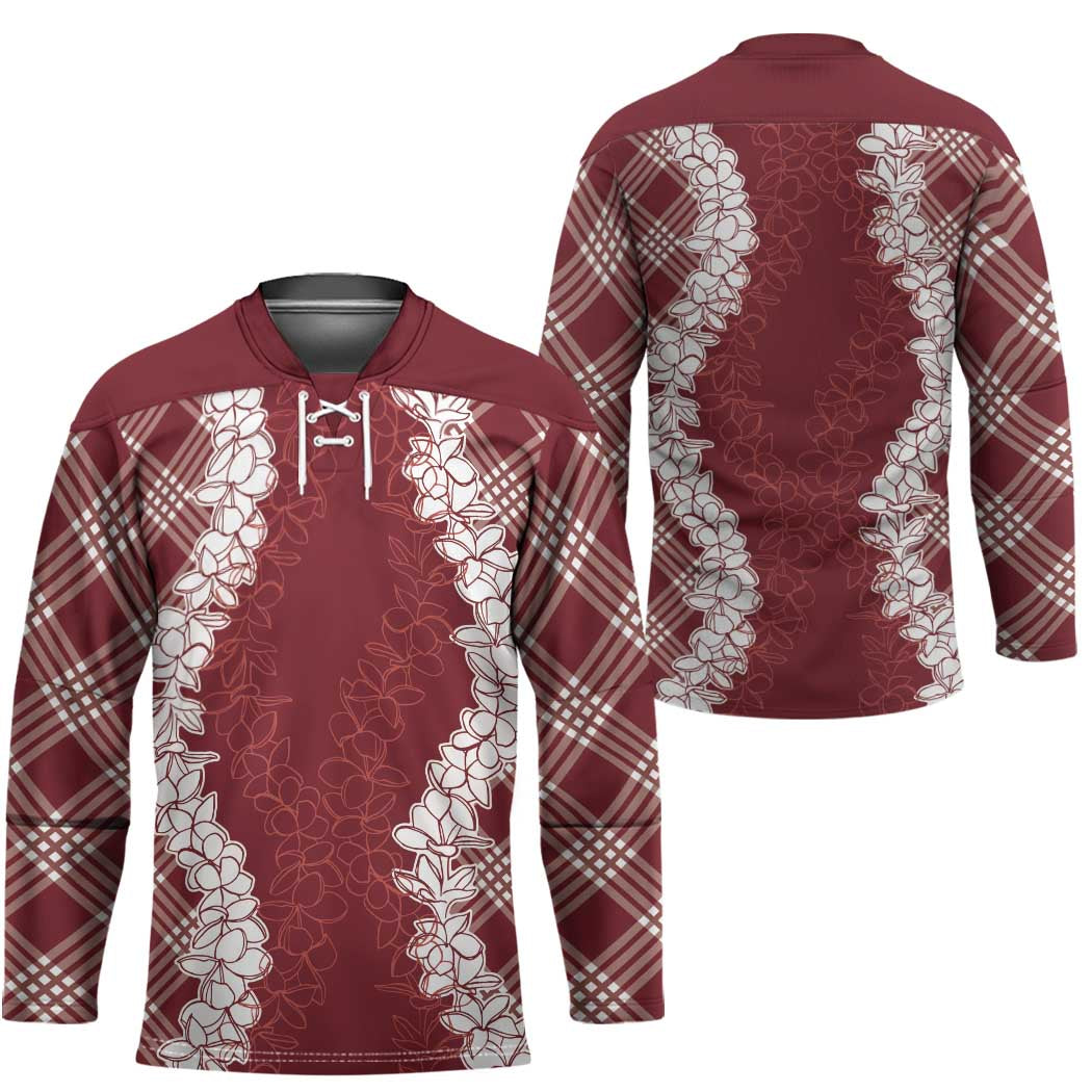 Hawaii Aloha Plumeria Lei Scarlet Palaka Hockey Jersey LT7 - Polynesian Pride